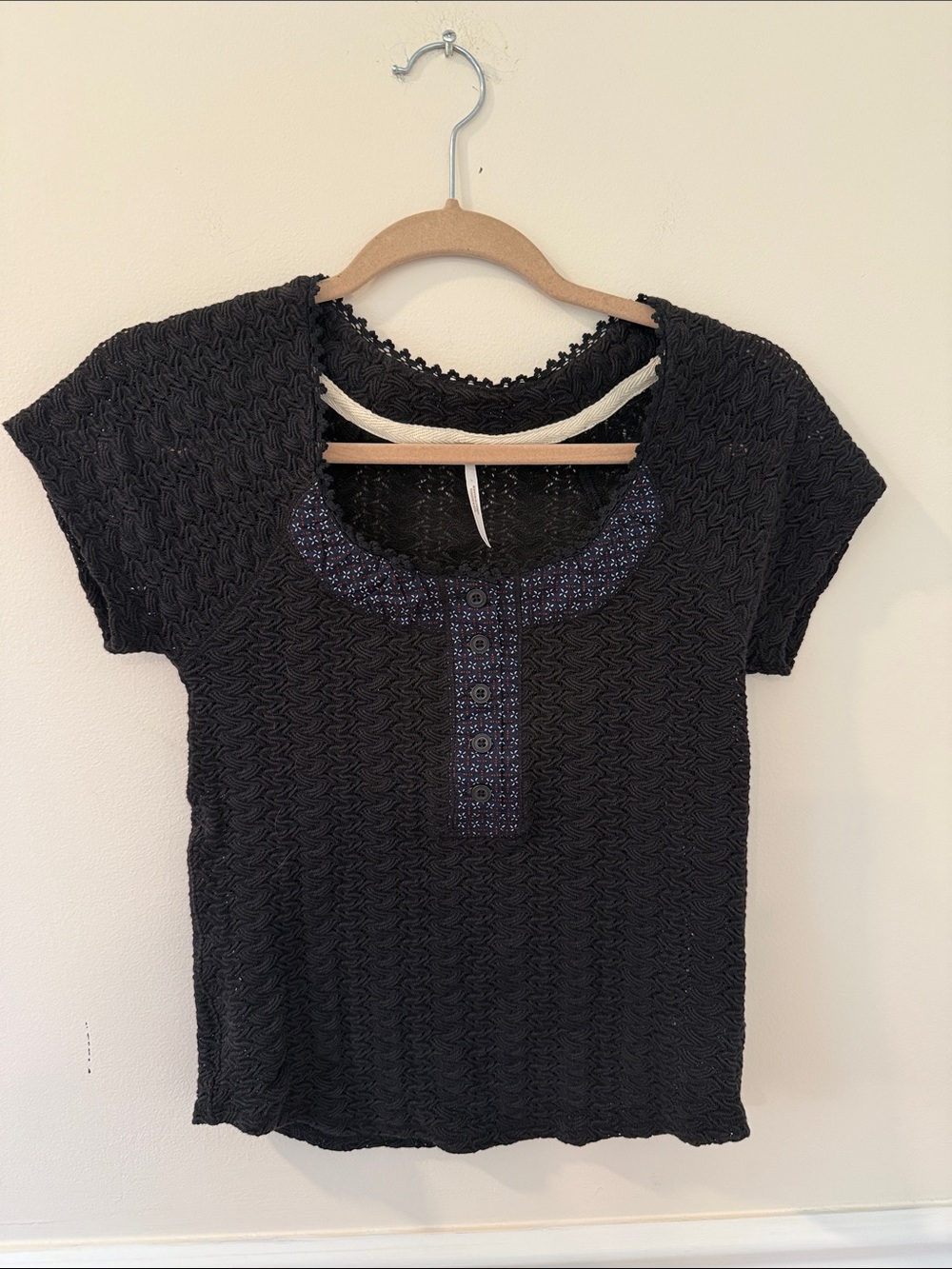 Free People Black Short Sleeve Textured Scoop Henley